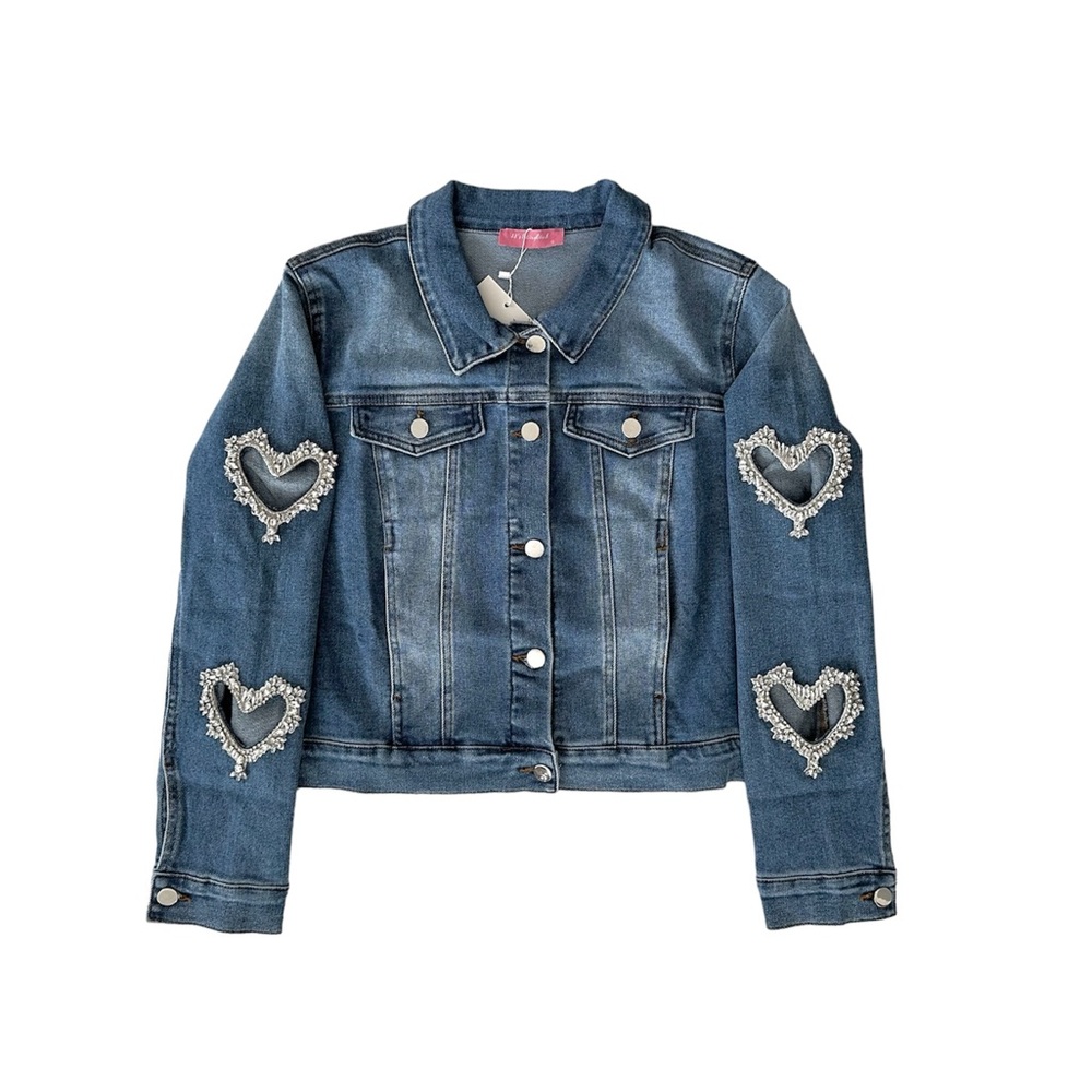 NEW Denim Jacket with Heart Sequins Rhinestones Accents! SZ Large